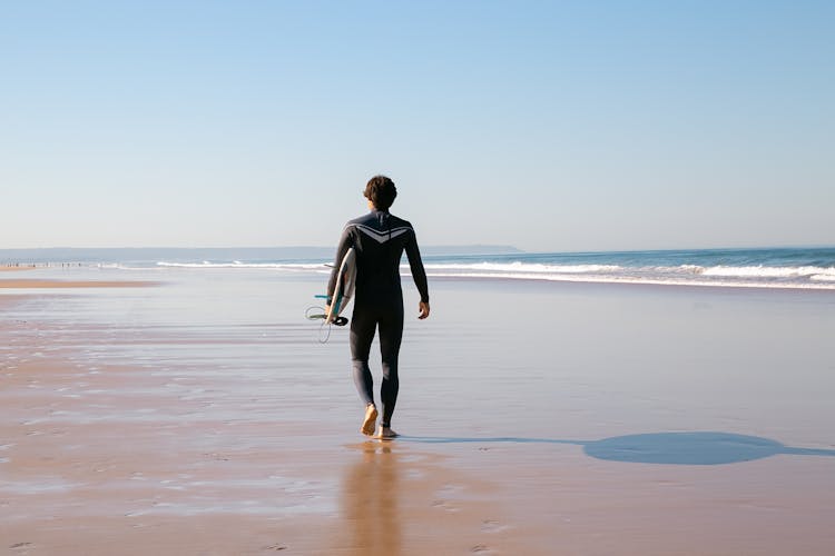 Man In Full Body Swimwear Walking On Shore