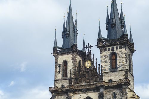 Free Majestic spires of the Church of Our Lady before Týn in Prague, a Gothic architectural masterpiece. Stock Photo