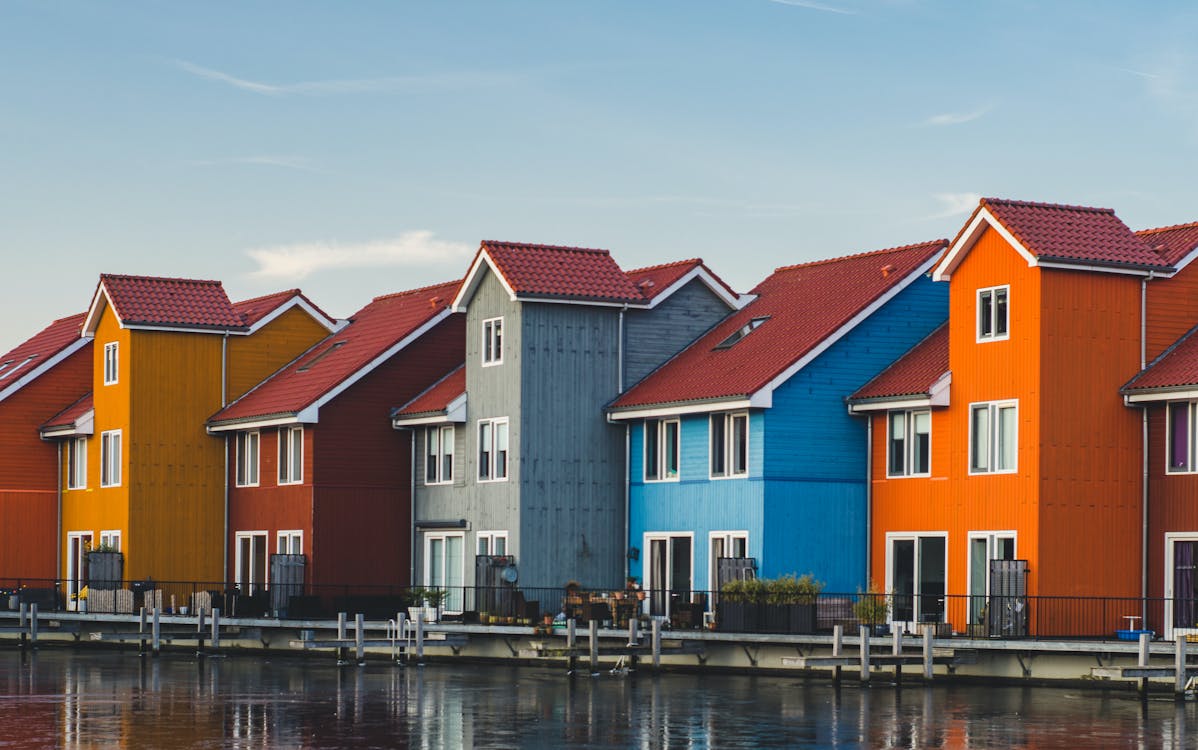 Free Colorful Houses at the Boardwalk- En Pierwoningen in Groningen Stock Photo