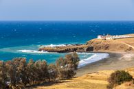 Brown Sand Beach With Green Trees and Houses
