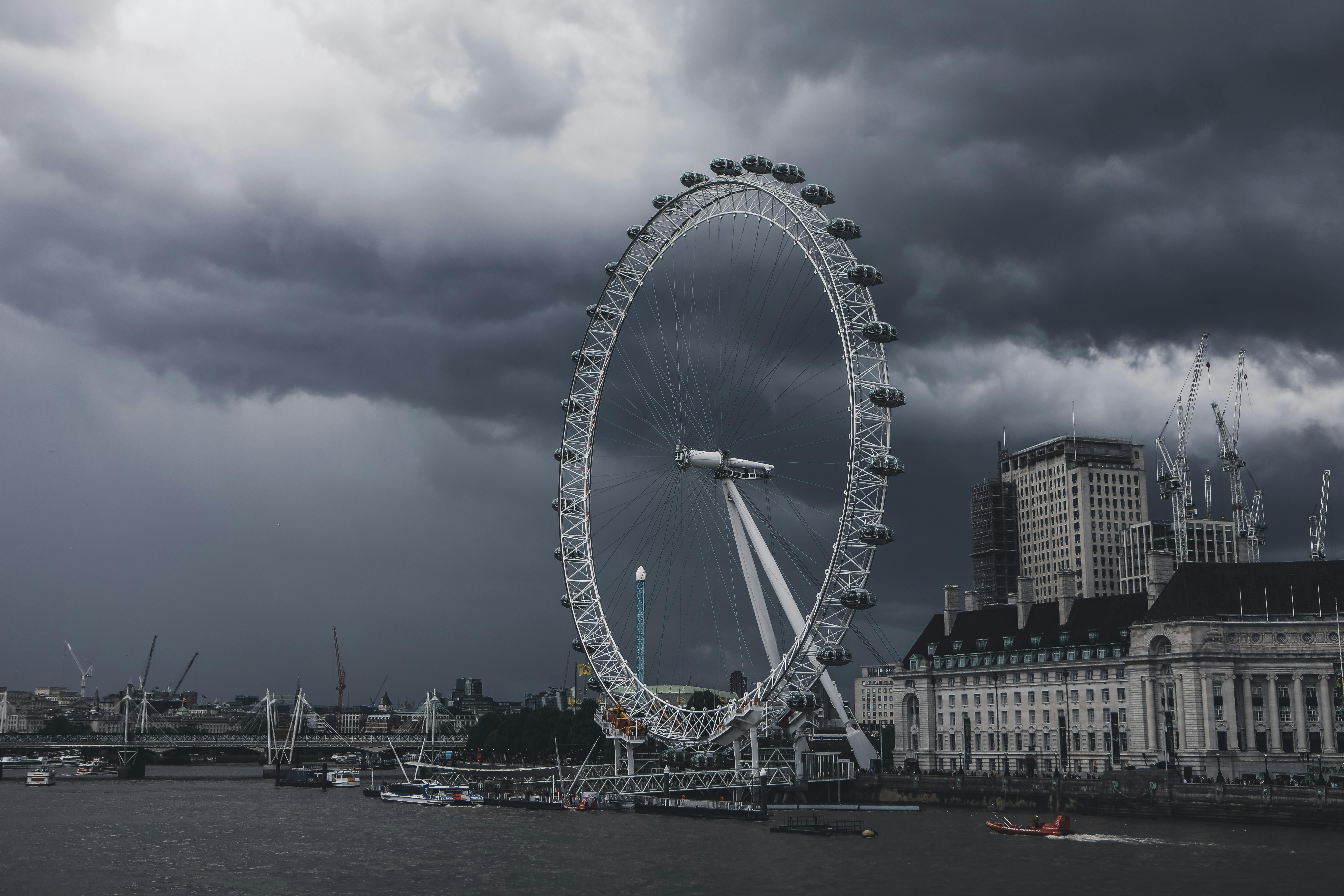 The London Eye against a dramatic sky, showcasing urban elegance and architectural grandeur.