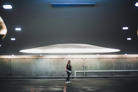 Woman standing in a well-lit underground structure, carrying a pink backpack.
