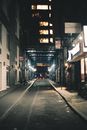 城市小巷的夜间灯光昏暗，霓虹与路灯闪烁，营造出一种喜怒无常的氛围