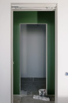 一间正在装修的极简主义房间，门口部分完工，点缀着绿色元素