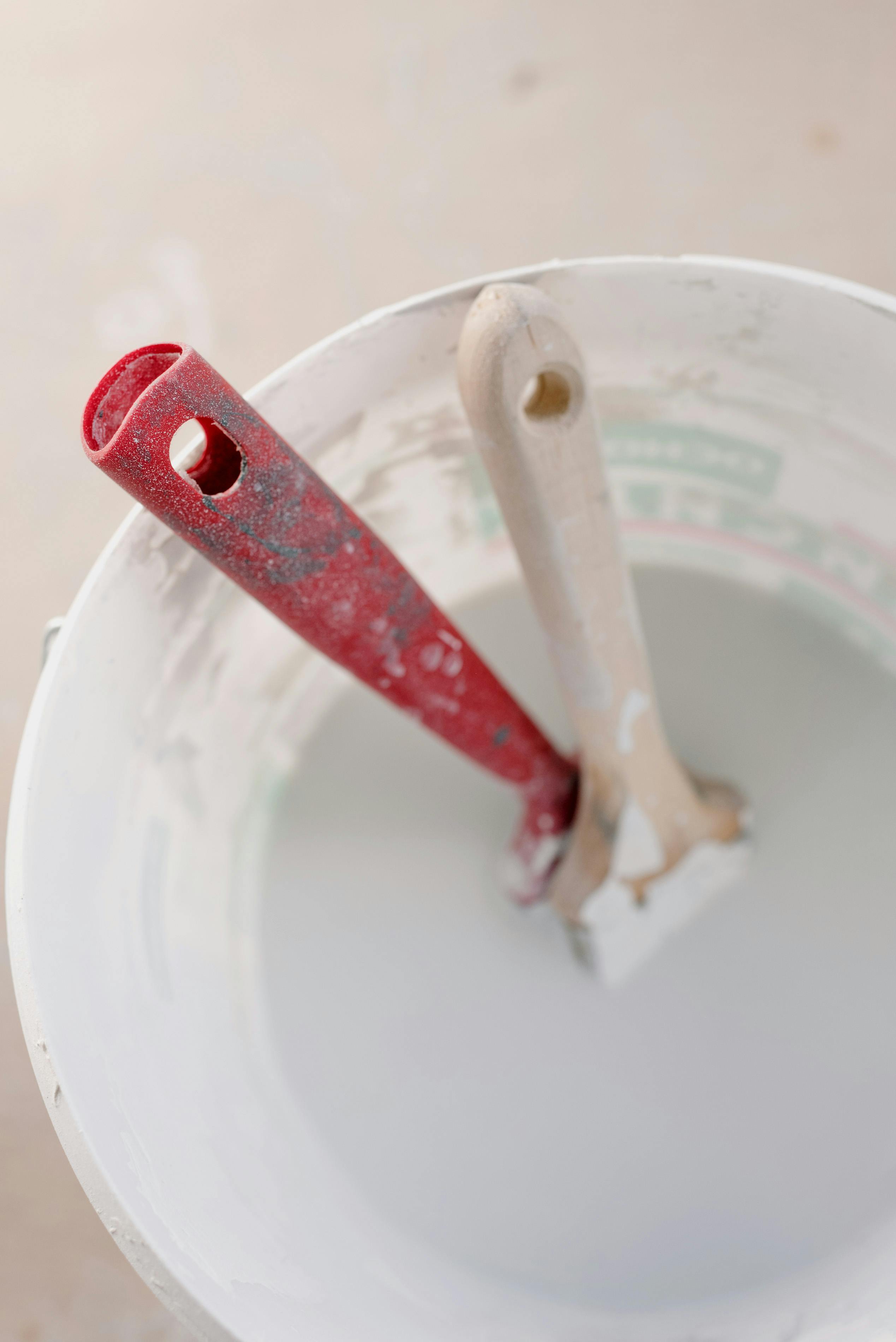 paintbrushes in plastic container with paint