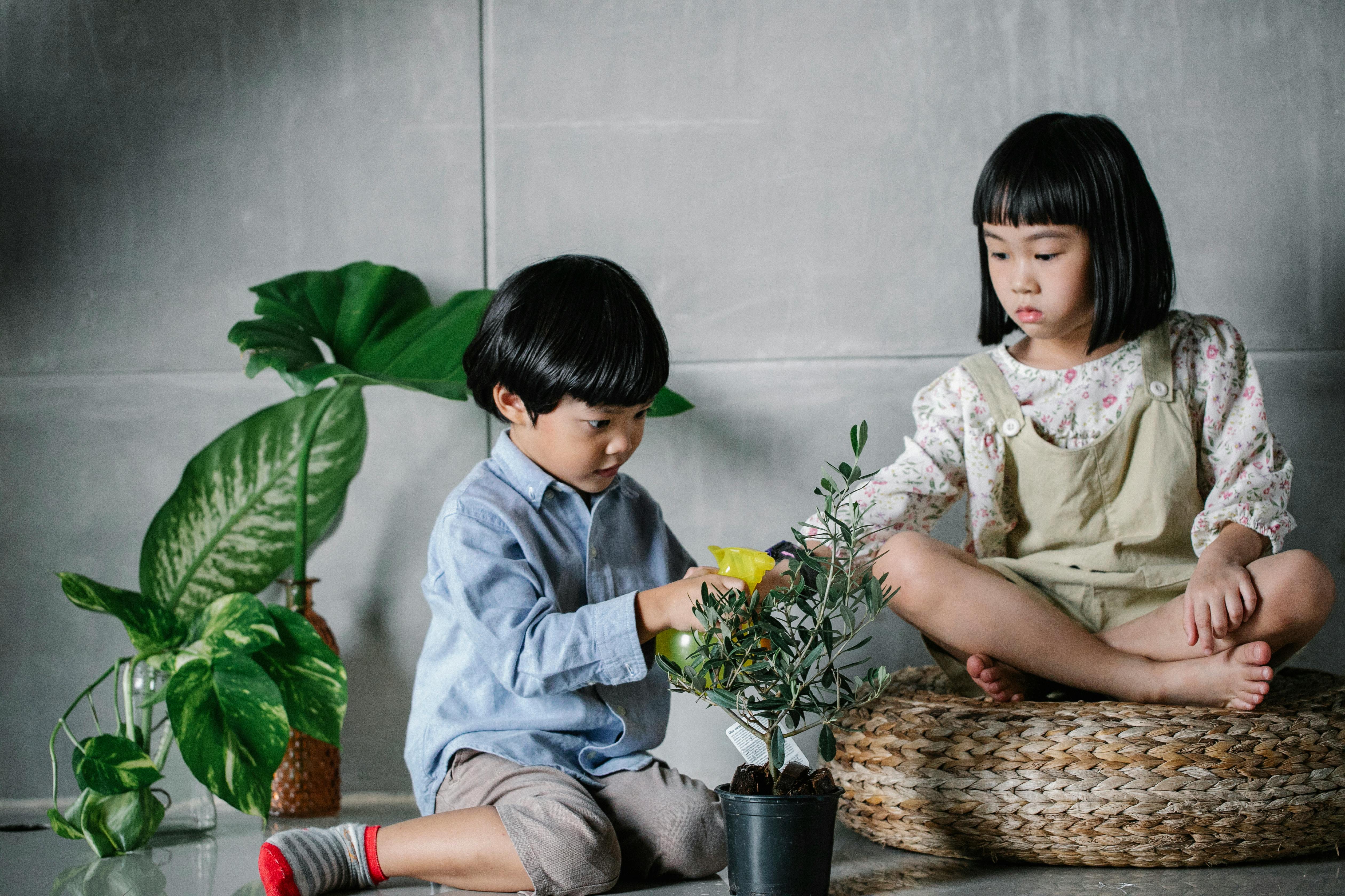 asian little girl with brother at home