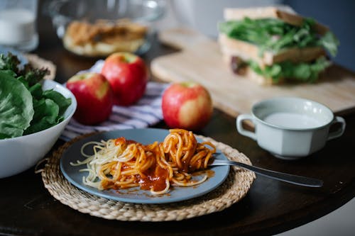 Delicious pasta on served table