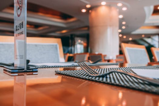 Free stock photo of hotel, table, chairs, fork