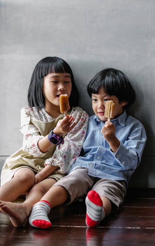 Saudara Kandung Asia Yang Lucu Makan Es Krim Di Lantai