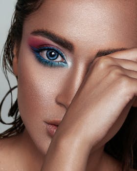 Close-up of a woman's eye with vibrant makeup featuring blue eyeliner and pink eyeshadow.