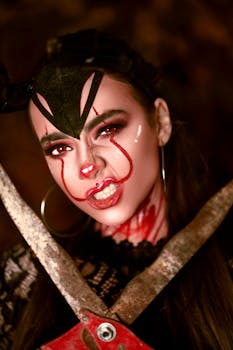 Close-up portrait with dramatic Halloween face paint and scissors for a spooky effect.