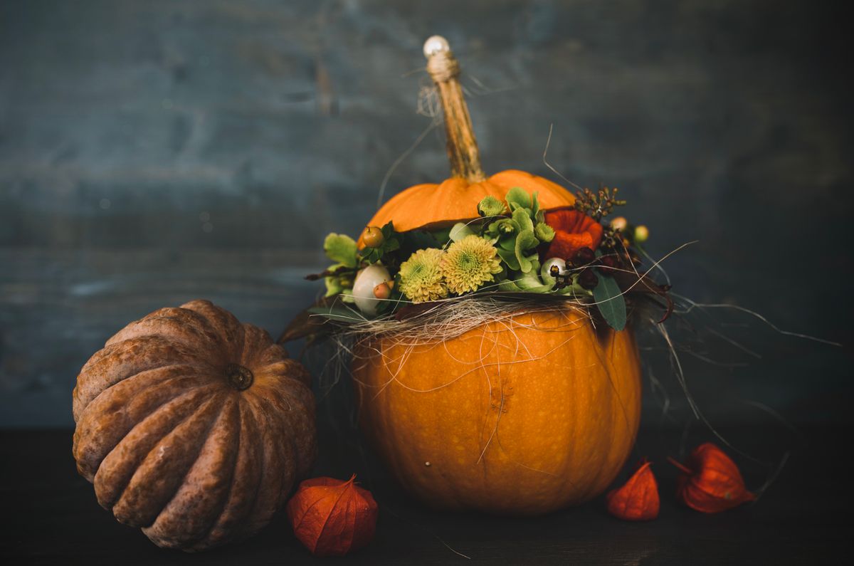 Orange pumpkin decorated with flowers and green leaves placed on table with ripe physalis near wooden wall during harvest season Stock Photo.