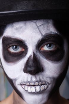Close-up of a person with skull-themed makeup, perfect for Halloween or horror events.