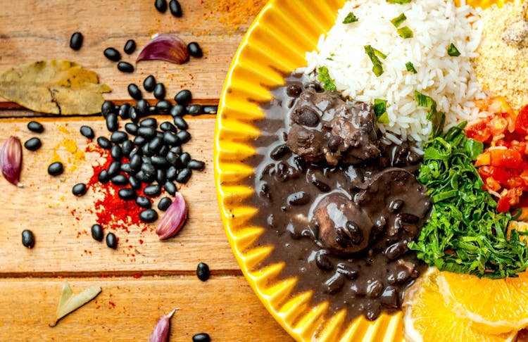 Appetizing Black Bean Stew With Rice Serves On Table