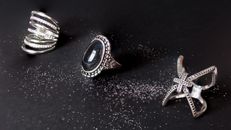Set of silver rings with mineral and jewels