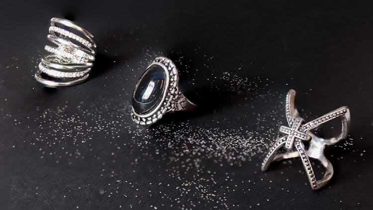 Set Of Silver Rings With Mineral And Jewels