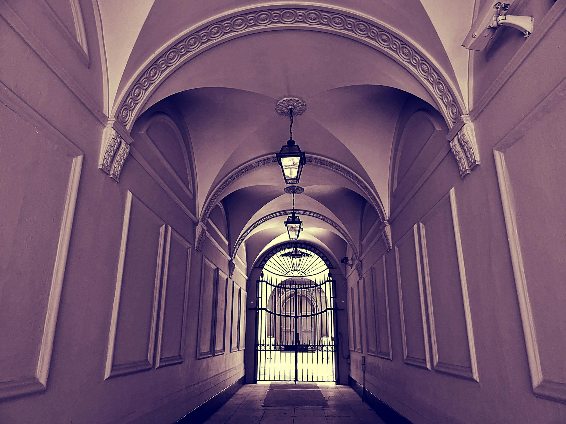 A beautifully detailed indoor passageway with arch ceilings and ornate design leading to an iron gate.