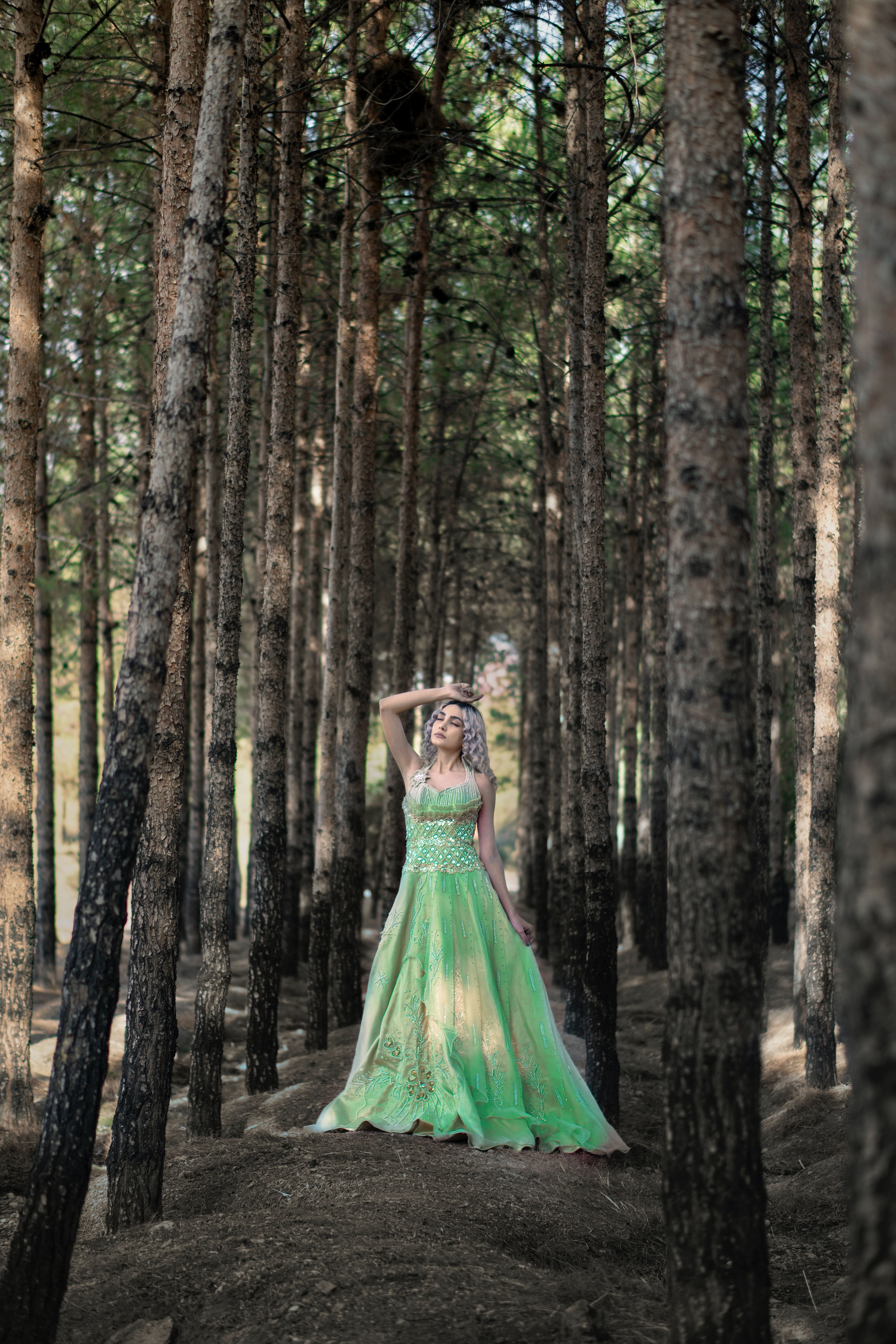 A Blonde-Haired Woman in Green Long Dress Posing in the Woods · Free ...