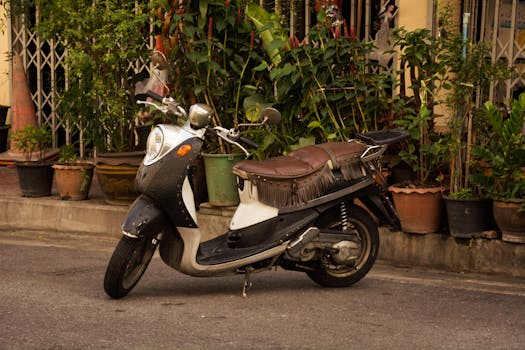 Classic vintage motor scooter parked outside surrounded by lush plants in an urban setting.