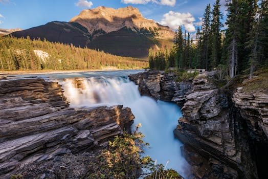 Scenic view of Athabasca Falls with rugged rocks and evergreen forests in Jasper National Park, Alberta, Canada.