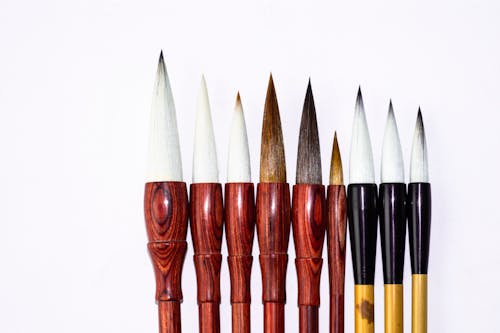 Contemporary calligraphy brush pens of different sizes with soft spiky tips and shiny bamboo shafts