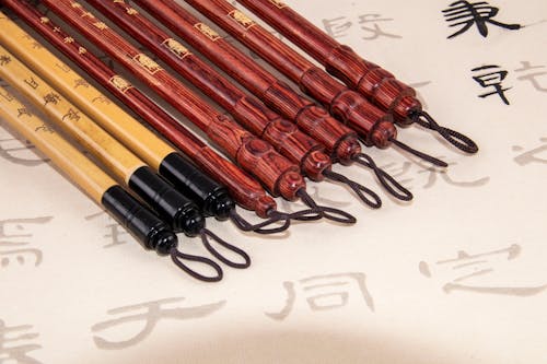 Collection of bamboo brushes for calligraphy on table