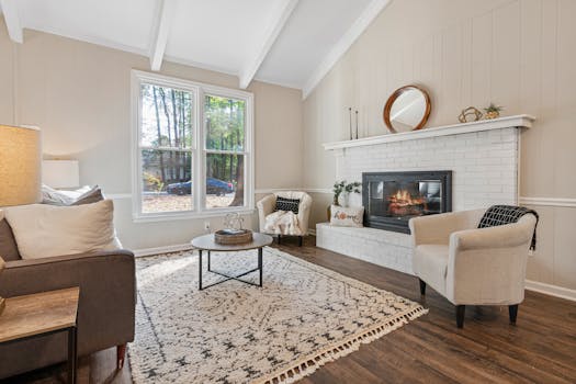 Warm and inviting living room featuring a fireplace, sofa set, and contemporary decor.