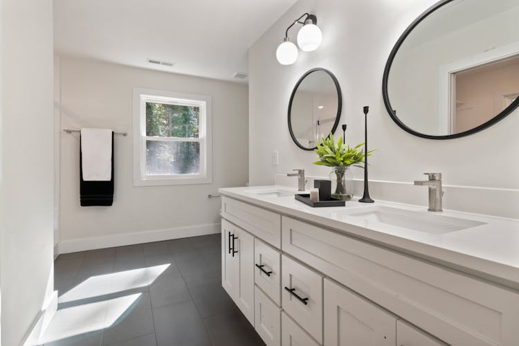 White Vanity With Mirror In The Bathroom