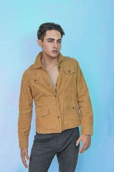 Fashion portrait of a young man wearing a trendy jacket against a blue background.