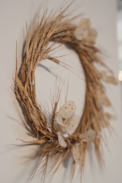 Close-up of a Wheat Wreath Hanging on a Wall 