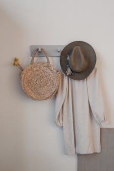 白色背景上有一件米色连衣裙，旁边挂着一个草袋和一顶帽子