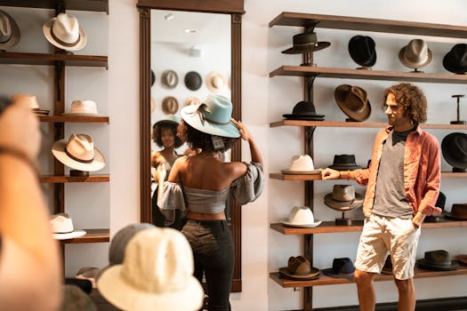 A woman tries on a stylish hat in a boutique store, admired by a companion.