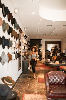 Fashionable woman browsing hats in a trendy boutique. Chic shopping experience.