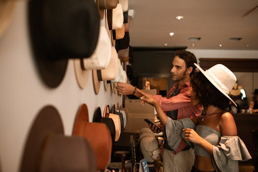 A man and woman checking a variety of hats displayed on a store wall.