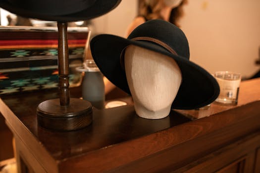 Stylish black hat showcased on a mannequin head in a boutique shop interior.