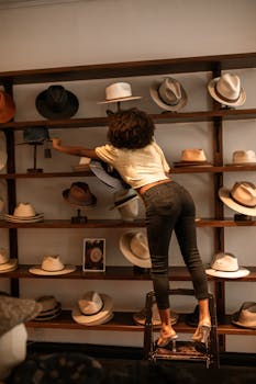 A trendy woman on a ladder selects a hat from a boutique shelf, showcasing style and fashion.