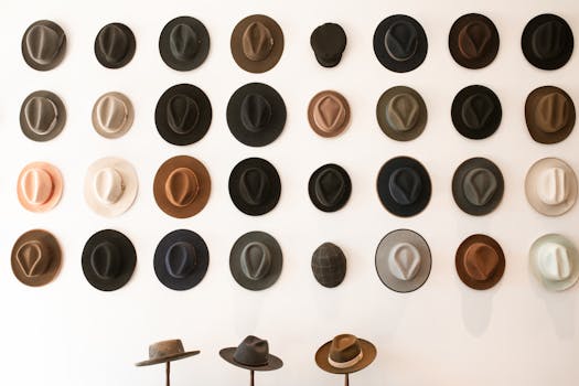 A collection of various hats elegantly displayed on a minimalist white wall in a boutique setting.