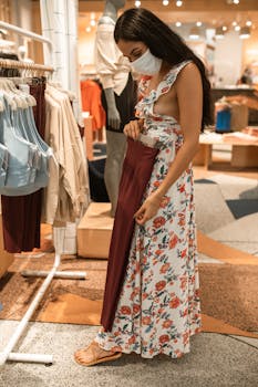 A woman in a floral dress and face mask shopping for clothes indoors.