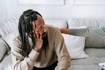 Frustrated black man talking to female psychologist or friend