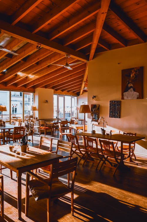 Interior of empty cozy cafe with comfortable wooden furniture illuminated by bright sunlight