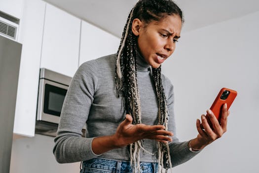A young woman expressing frustration during a phone call in her kitchen, using a smartphone.