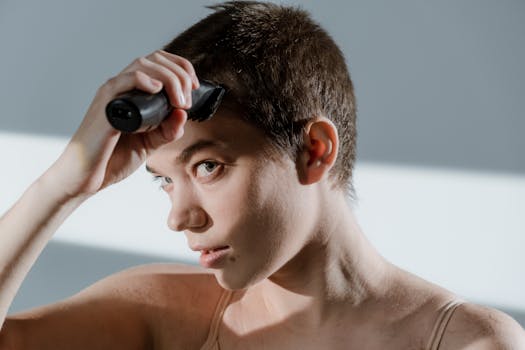 Close-up of a woman using an electric shaver to trim her short hair.