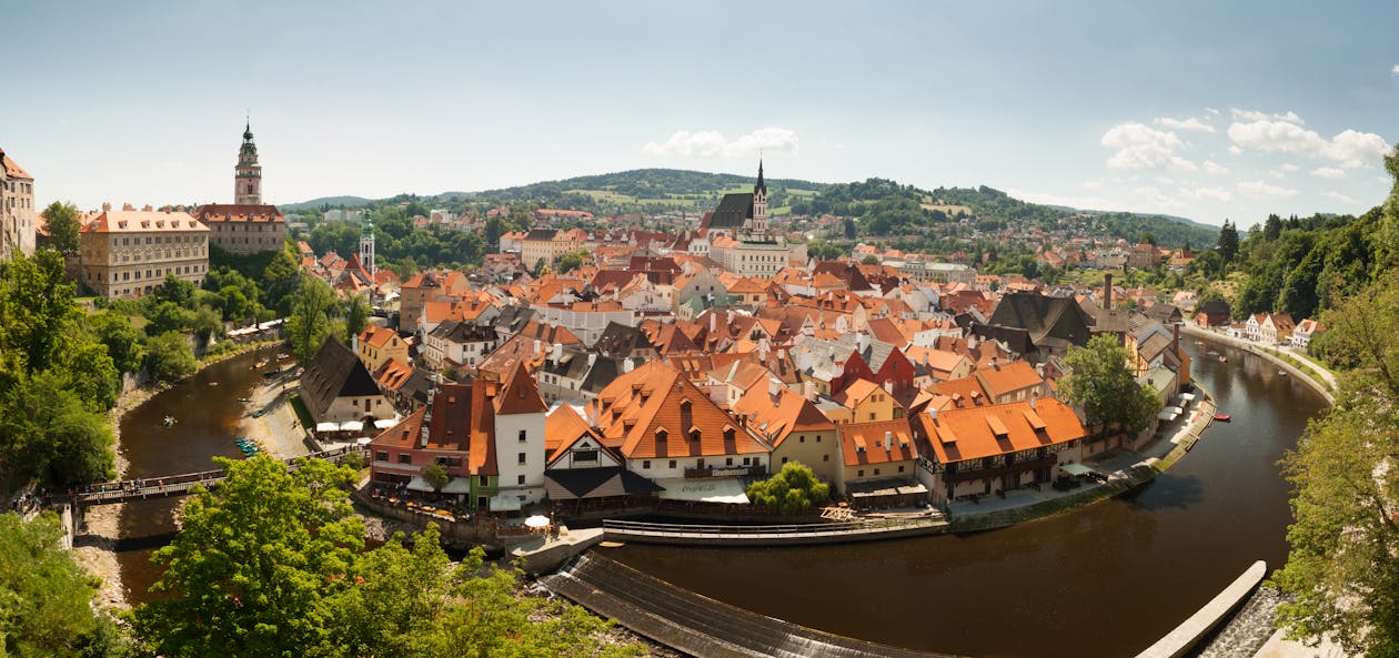 Bird's Eye View Photography of Brown Houses Beside Body of Water