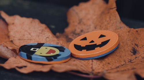 Free Charming close-up of Halloween coins on an autumn leaf, evoking festive vibes. Stock Photo