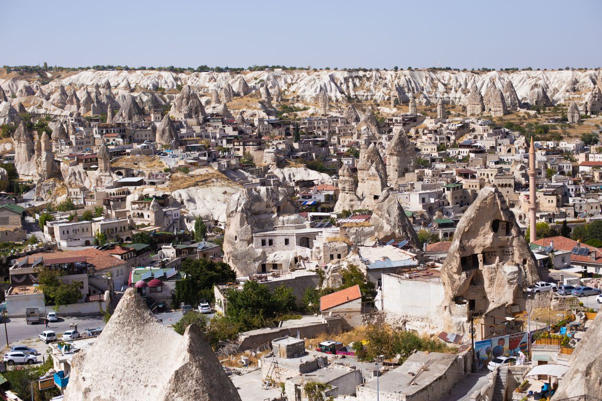 A panorama of Göreme, its cave houses set among fairy chimneys