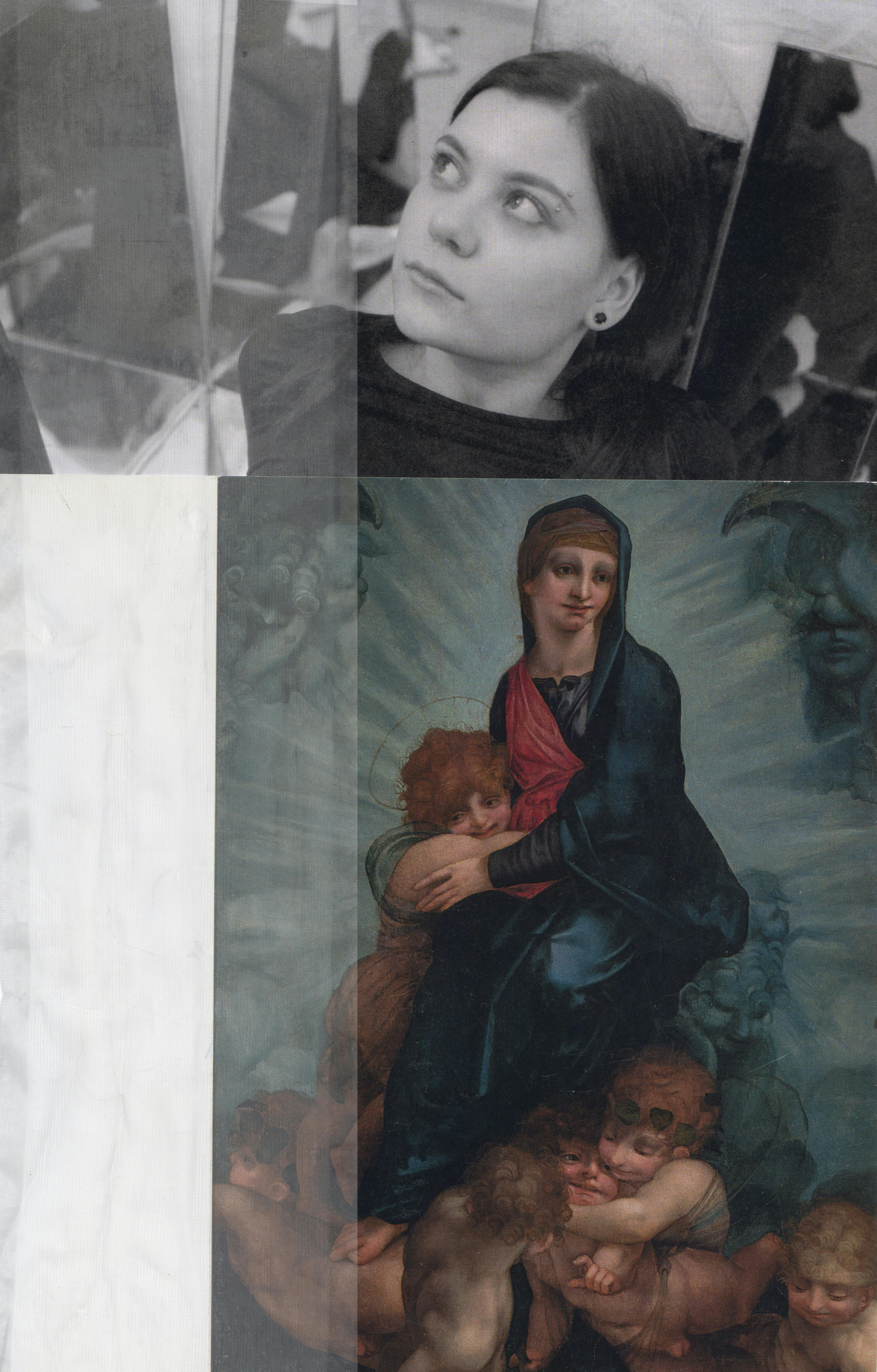 Attractive female with dark hair and piercing looking away and lying over multicolored religion icon