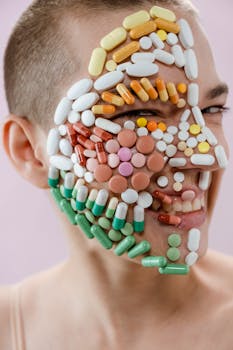 A woman with short hair has various colorful pills arranged artfully on her face, smiling confidently.