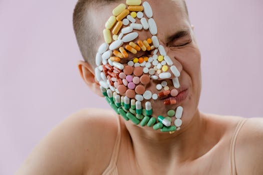Creative portrait of person with pills covering face, symbolizing medication dependence.