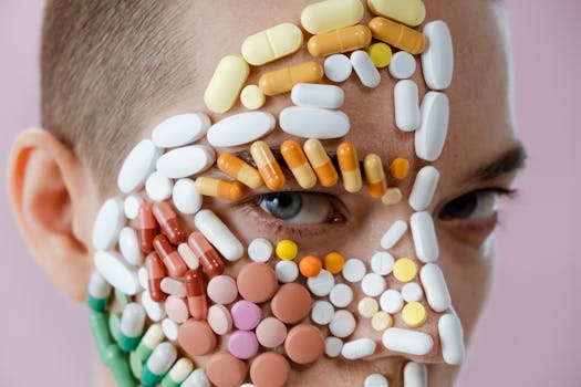Close-up of a face covered with colorful pills and capsules, representing medication or health.