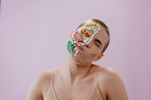 Conceptual portrait of a woman with pills on her face against a pink background, expressing health themes.